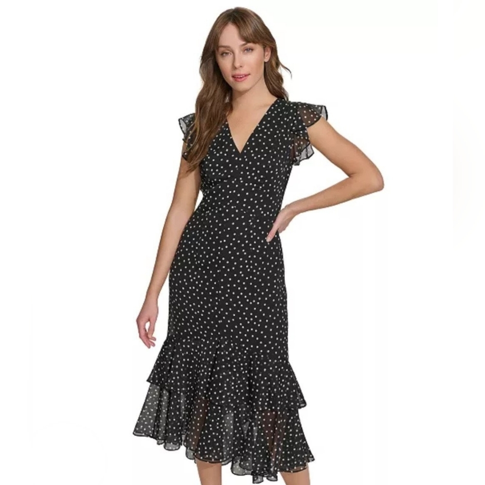 Tommy Hilfiger Navy Polka Dot Ruffle Midi Dress V-Neck Flutter Sleeve Size 6